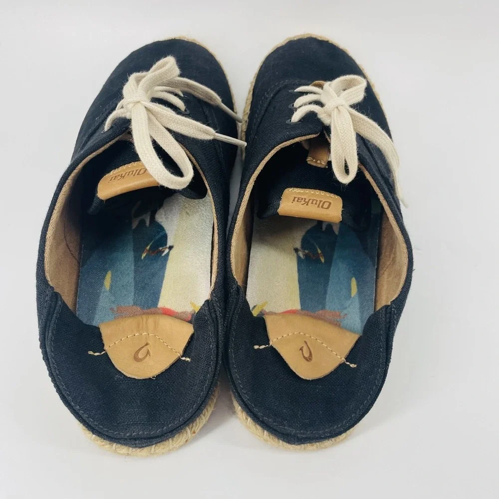 Olukai Kaula Pa'a Li Black Espadrille Sneakers Lace Up Shoes Women US 11 EU 41